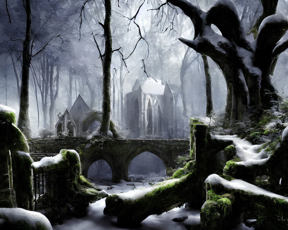 Snow-covered forest with ancient bridge and gothic ruin in misty winter scene