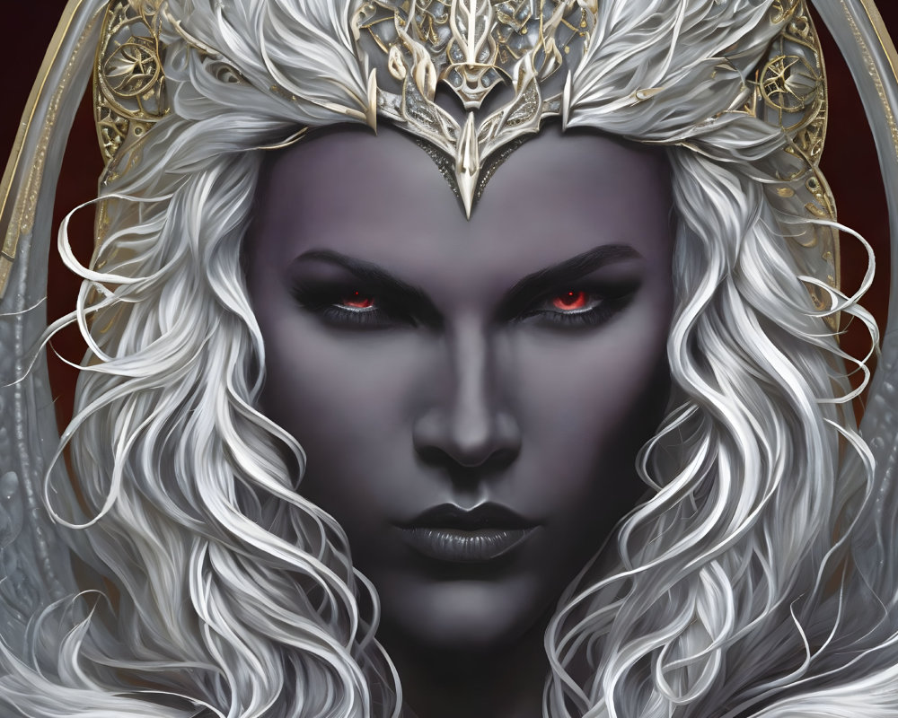 Intense female portrait with pale skin, red eyes, white hair, and golden crown