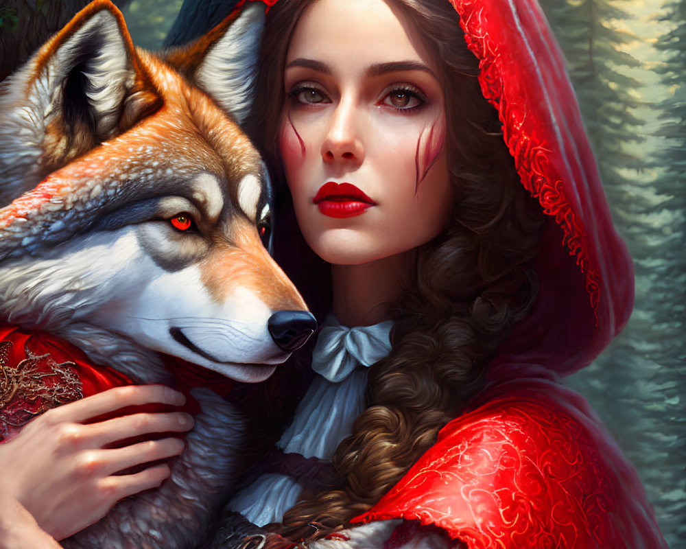 Digital artwork of young woman in red hooded cape with friendly wolf in mystical forest