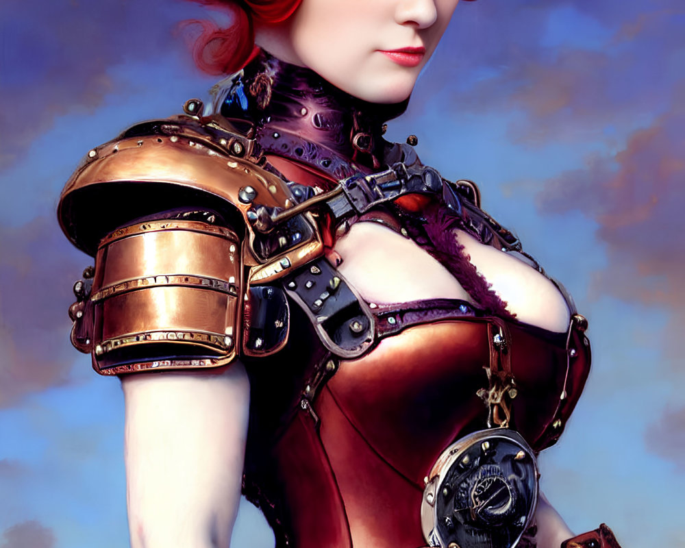 Digital artwork: Woman with red hair in steampunk armor & blue flowers