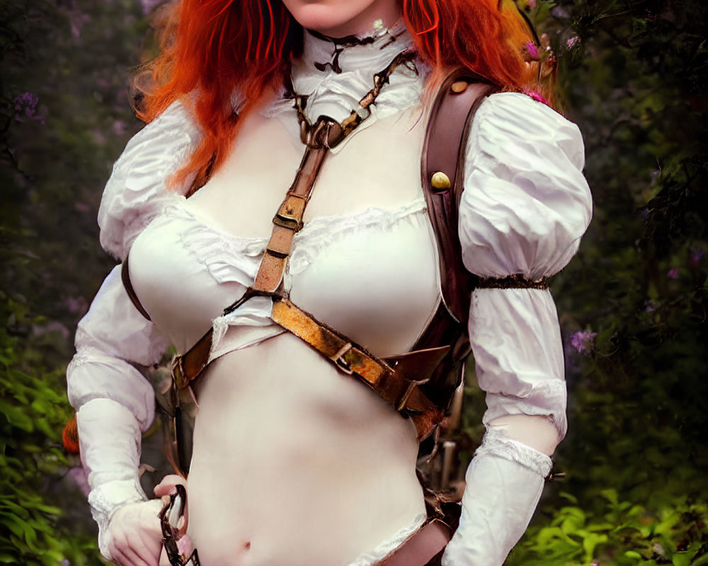 Red-haired woman in steampunk attire with purple flowers - fantasy-inspired outfit.