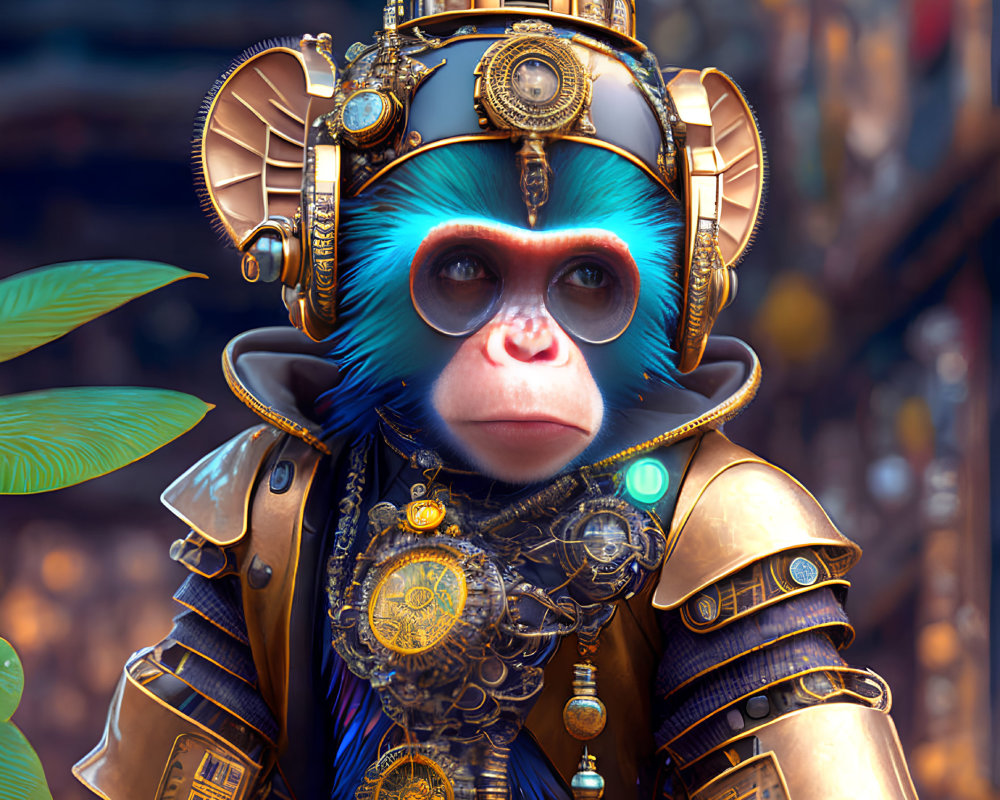 Steampunk-inspired monkey with blue face in armor against urban backdrop