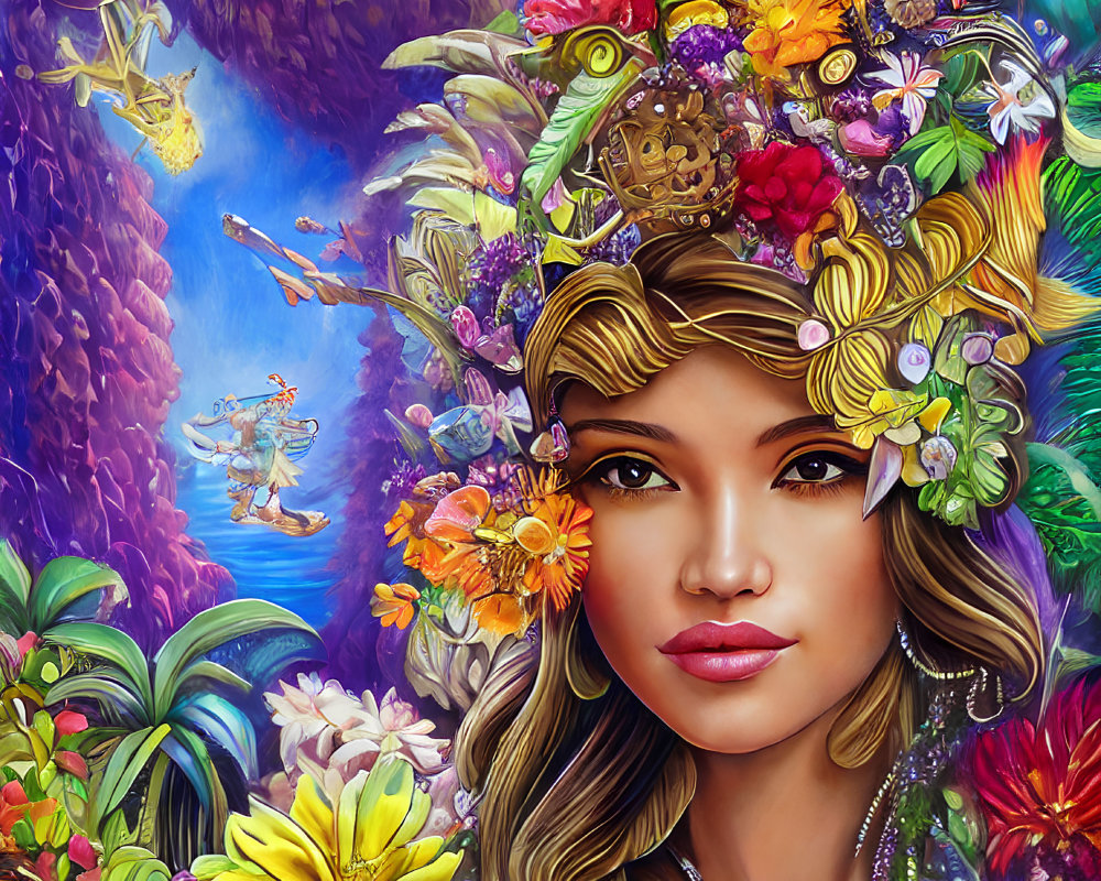 Colorful Woman Illustration with Floral Headdress and Fantasy Background