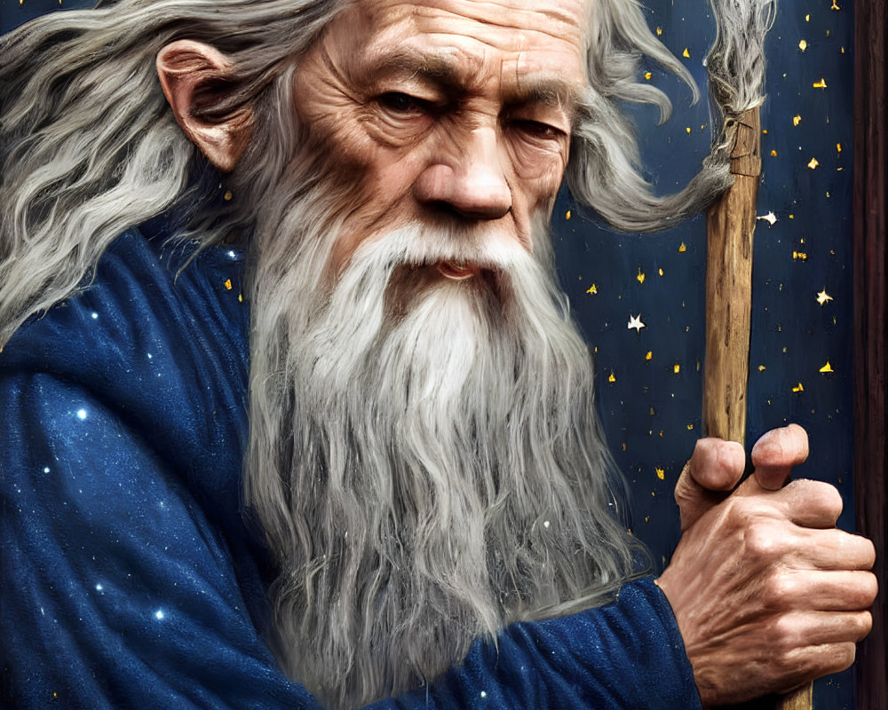 Elderly wizard with long beard holding staff in starry window scene