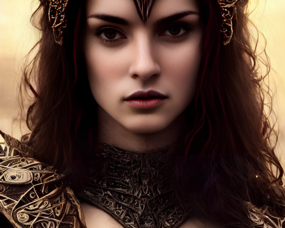 Dark-haired woman in golden crown and glowing armor.
