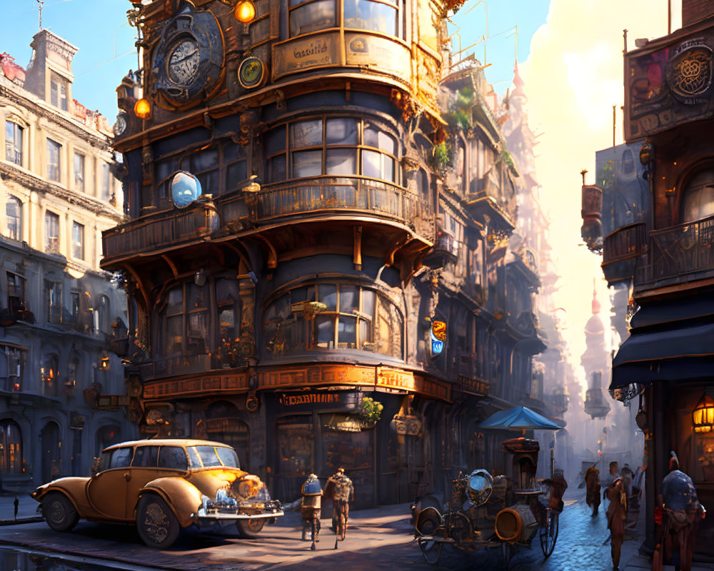 Steampunk-style architecture with ornate details, classic car, and bustling city life on cobble