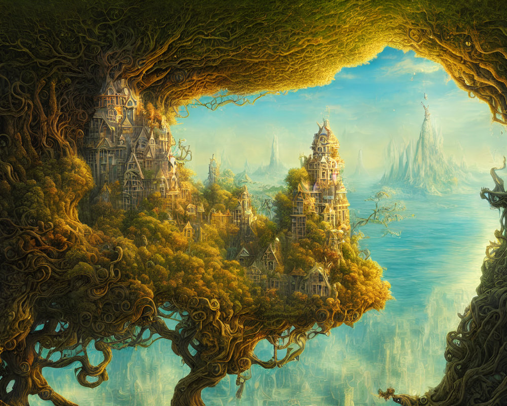 Mystical treehouses in enchanted forest by serene ocean