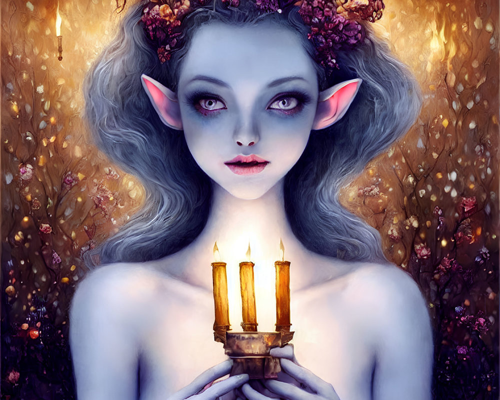 Elf Fantasy Portrait with Large Ears and Candles in Mystical Floral Aura
