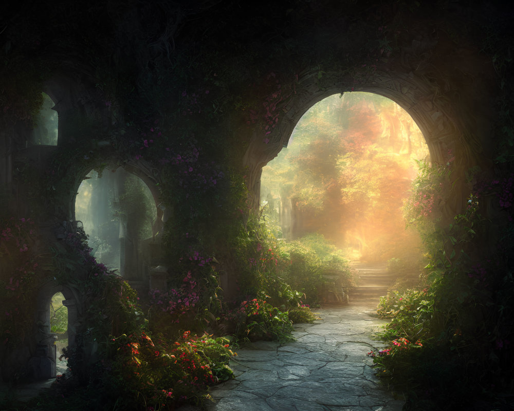 Enchanted forest clearing with stone pathway and arched ruins surrounded by greenery