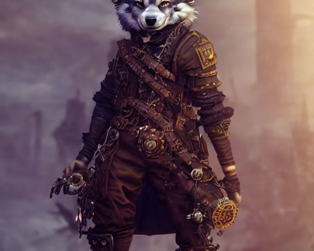 Intricate Steampunk Costume with Wolf Head Mask in Cityscape