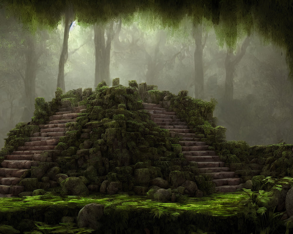 Moss-Covered Pyramid in Misty Forest with Vines