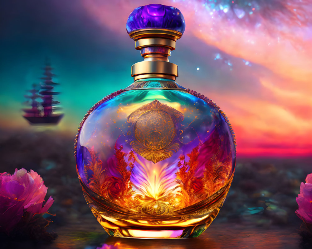 Ornate perfume bottle on cosmic background with mystical pagoda and sunset sky