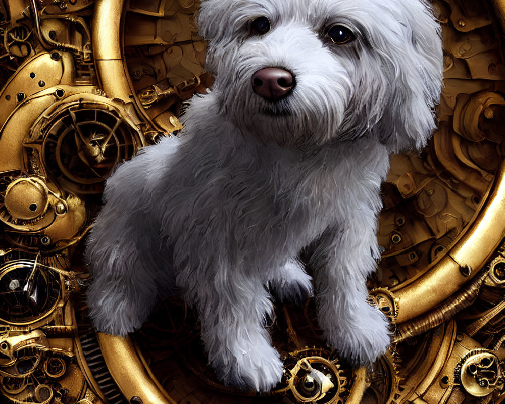 Fluffy White Dog in Front of Golden Steampunk Background