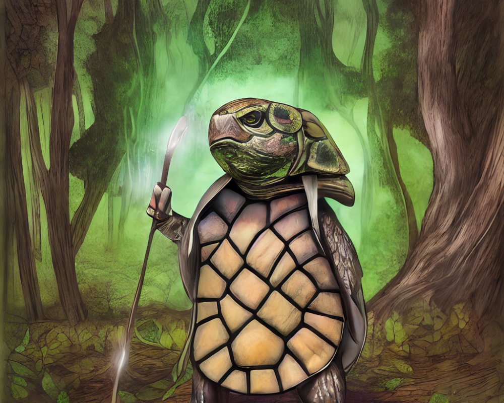 Anthropomorphic turtle with staff in mystical forest.