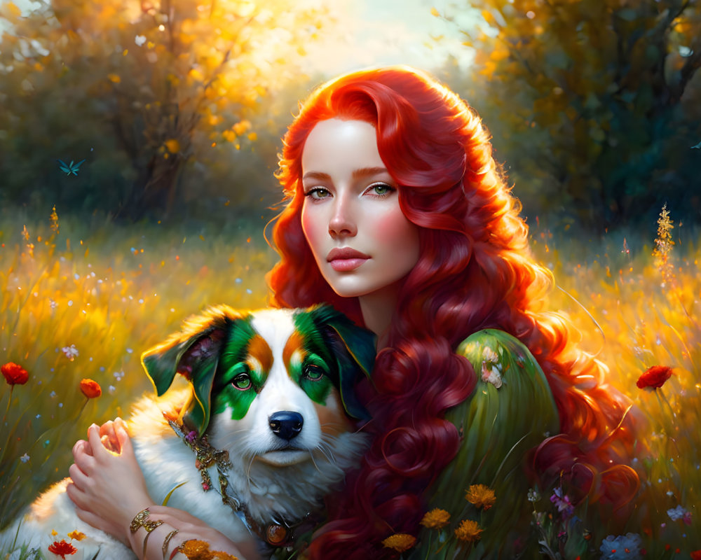 Woman with Red Hair and Tricolored Dog in Sunlit Meadow with Wildflowers