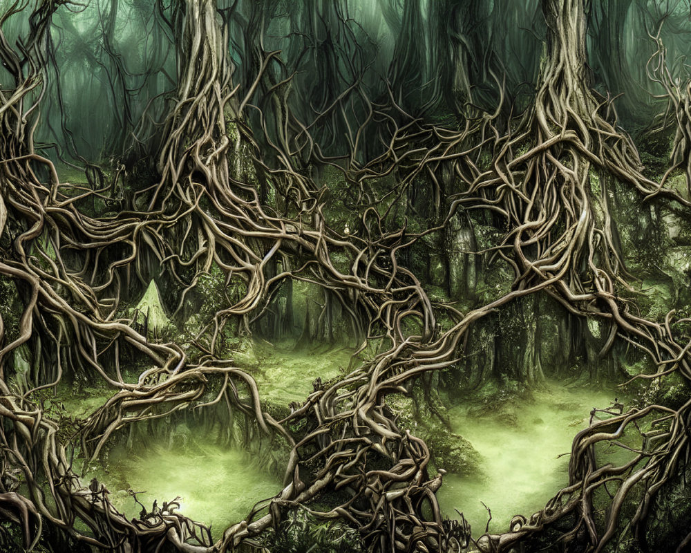 Mysterious Forest Scene with Tangled Trees and Misty Ground
