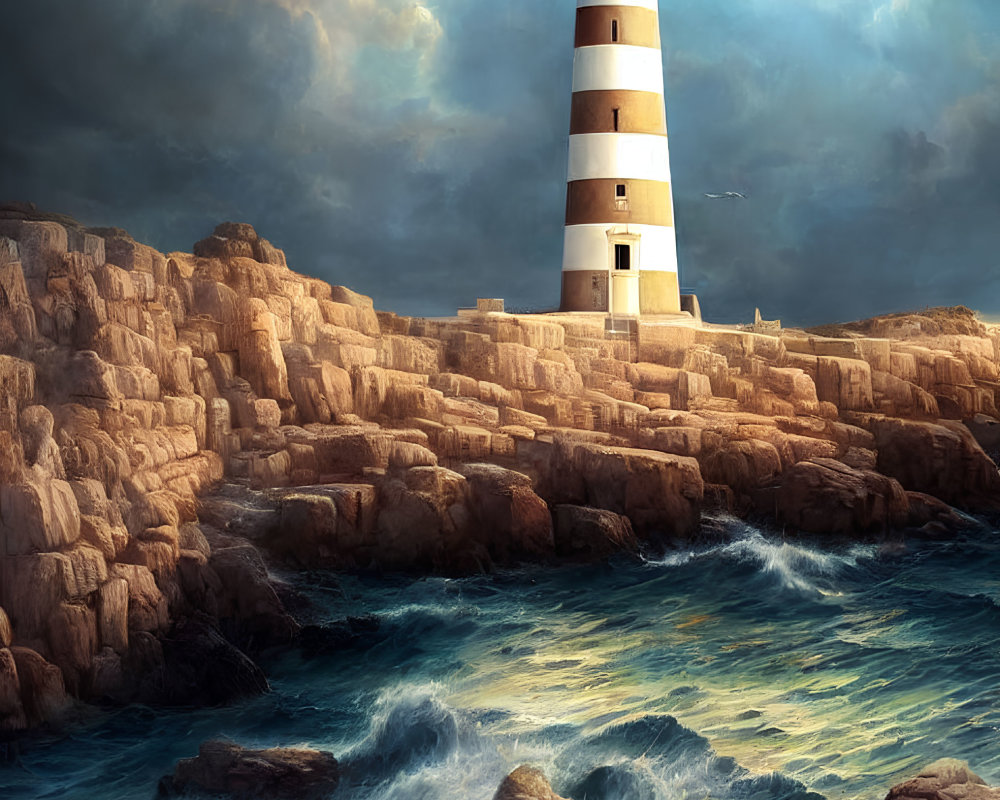 Majestic lighthouse on rugged cliffs under dramatic sky