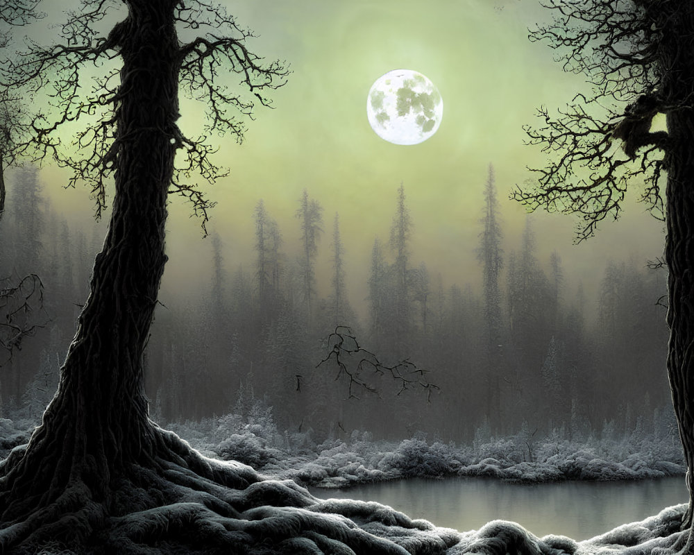 Moonlit foggy forest with silhouetted trees, gnarled roots, and serene lake