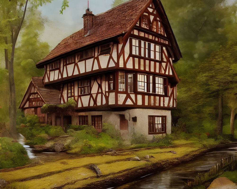 Half-Timbered House in Forest with Cross-Gabled Roof
