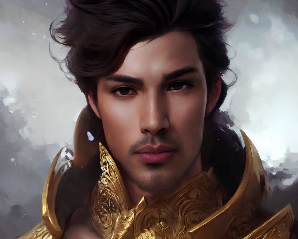 Detailed illustration of man in golden armor with sharp features against misty backdrop