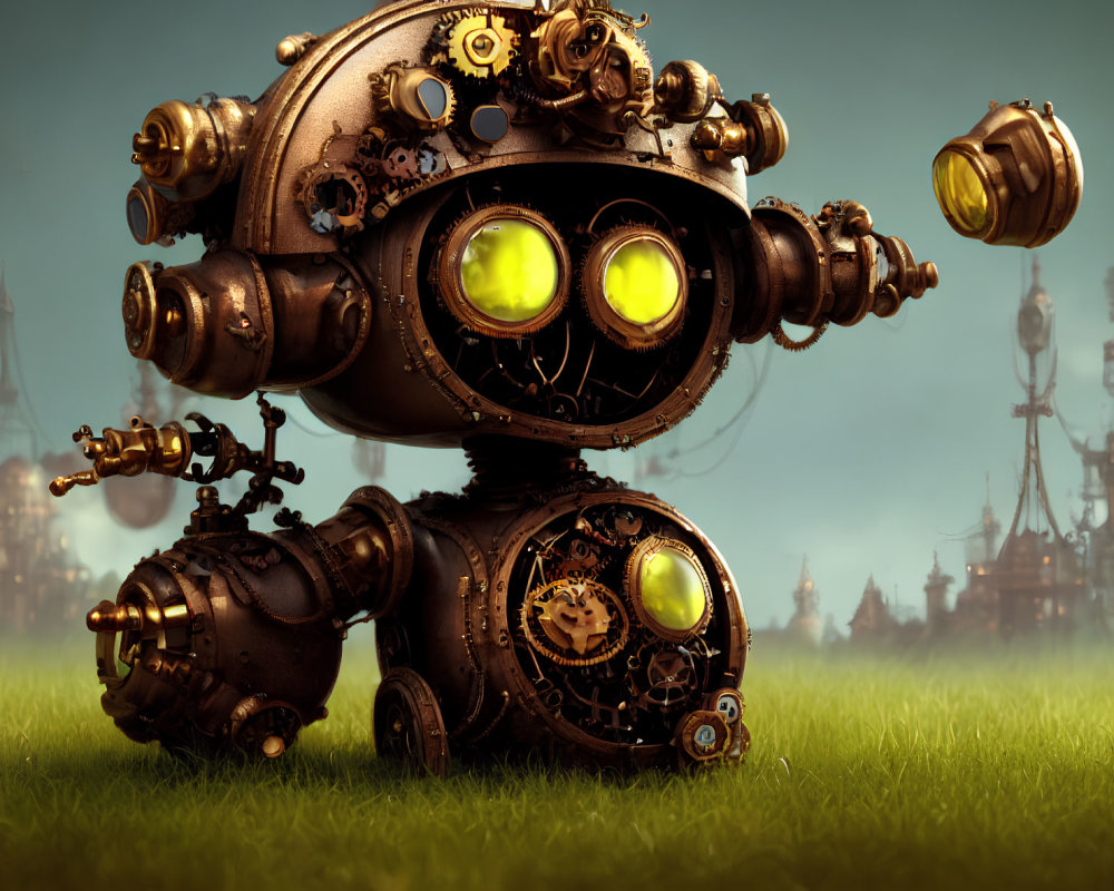 Steampunk robot with glowing yellow eyes on grass near industrial towers