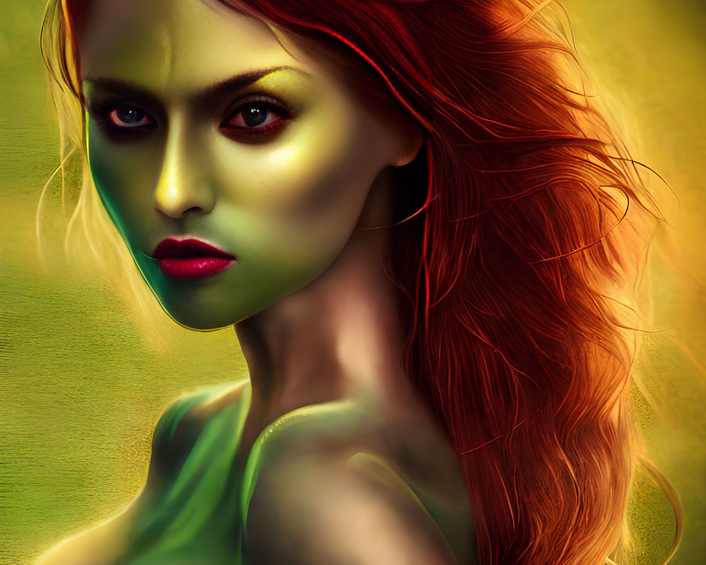 Vibrant digital artwork of woman with red hair and green skin