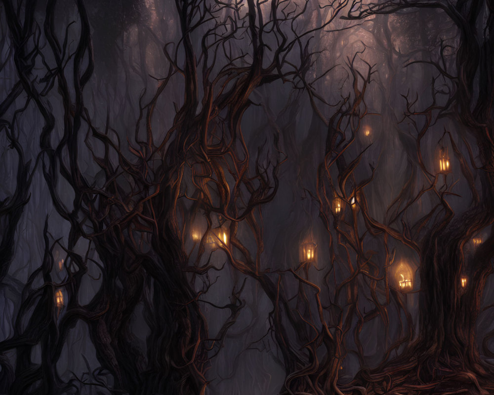 Eerie forest scene with gnarled trees and lanterns in twilight landscape