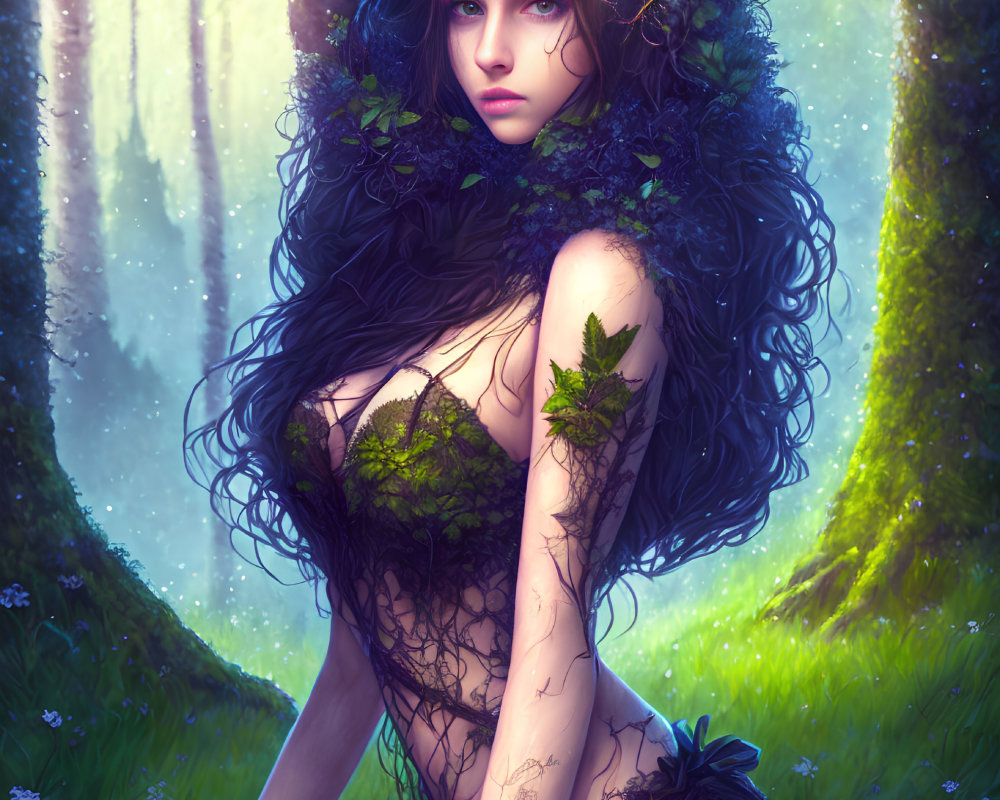 Mystical woman with dark hair in enchanted forest with ivy