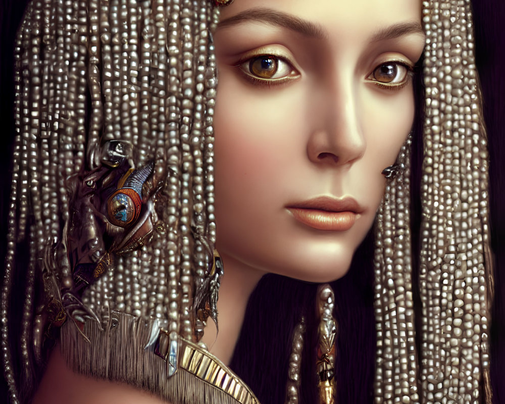 Digital artwork featuring woman in ornate gold headpiece and Egyptian-inspired jewelry