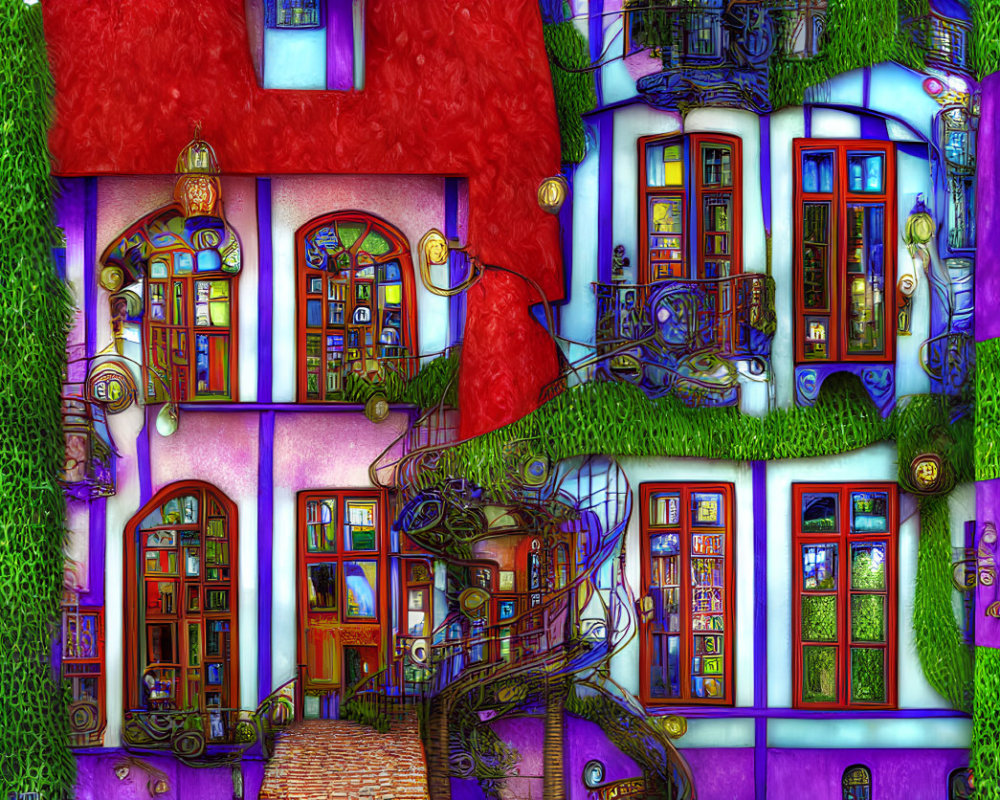 Colorful surreal artwork: Buildings with textured walls, green ivy, whimsical architectural details