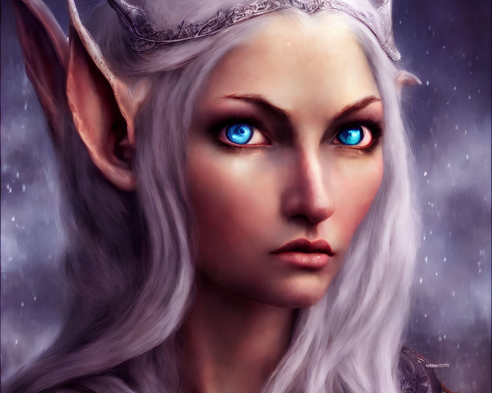 Female elf digital artwork with blue eyes, pointed ears, silver tiara, in mystical purple setting