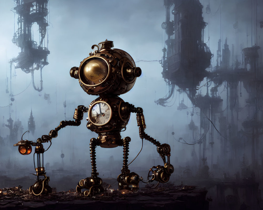 Steampunk-style robot with clock face and lantern in misty mechanical backdrop
