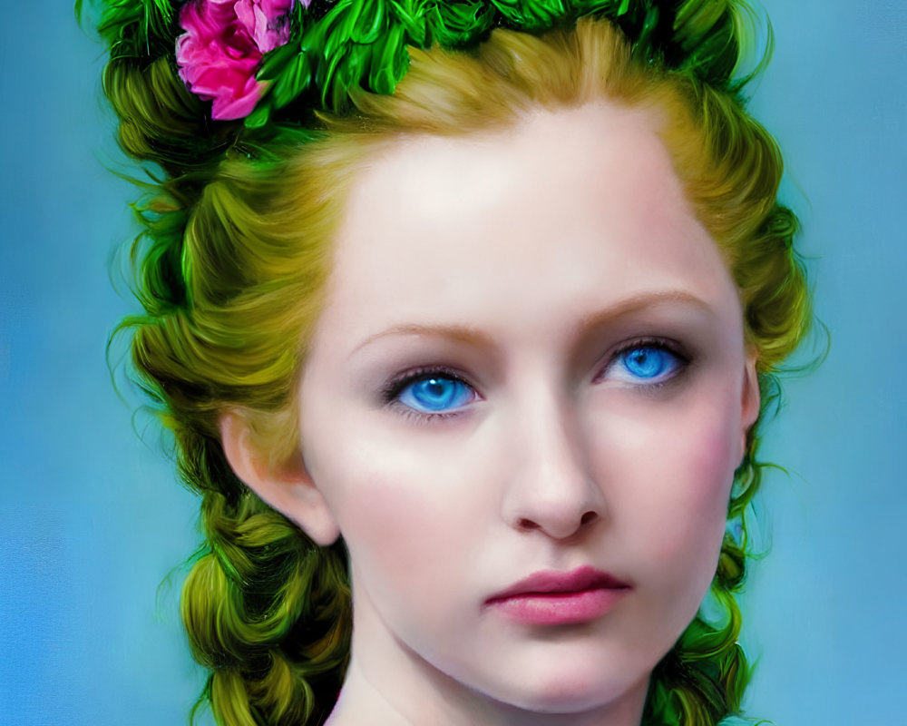 Illustration: Woman with Blue Eyes, Green Hair, and Pink Flowers