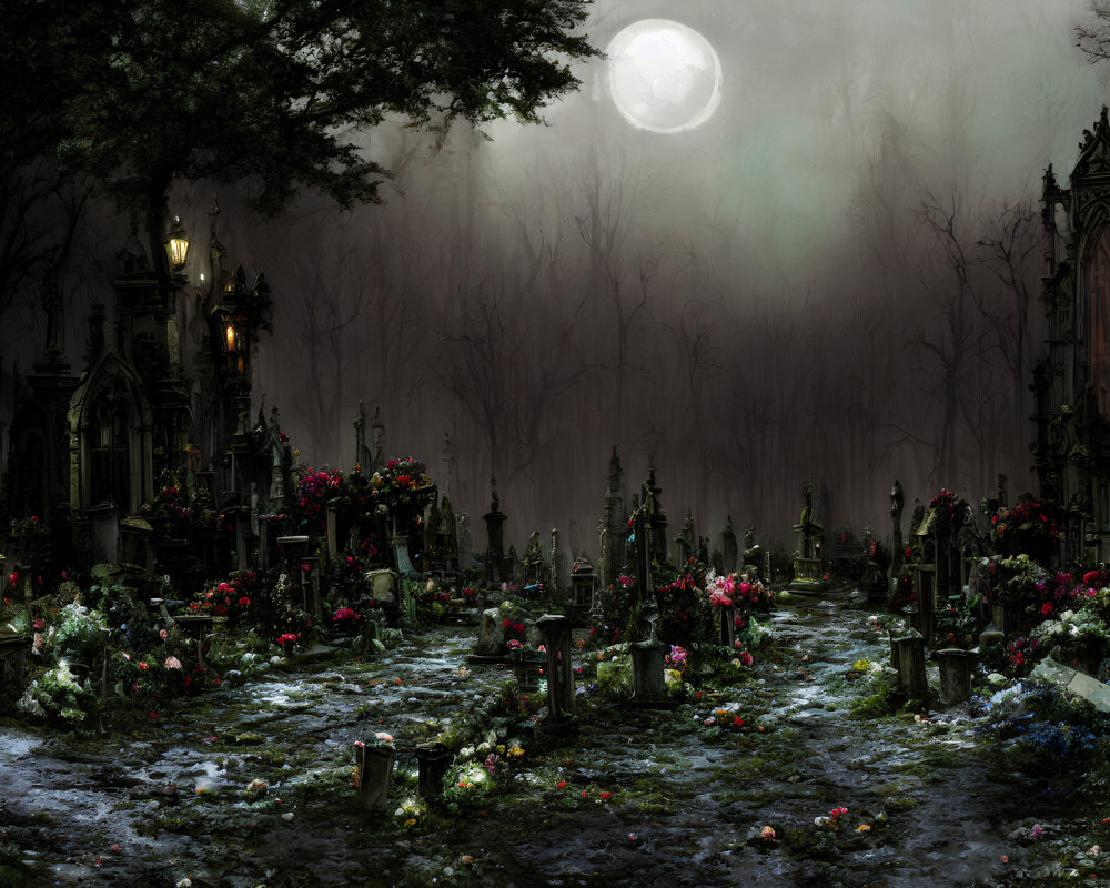 Moonlit Cemetery with Ornate Tombstones and Colorful Flowers