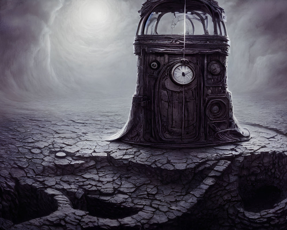 Surreal grayscale image of desolate landscape with cracked ground and antique clock tower under gloomy sky