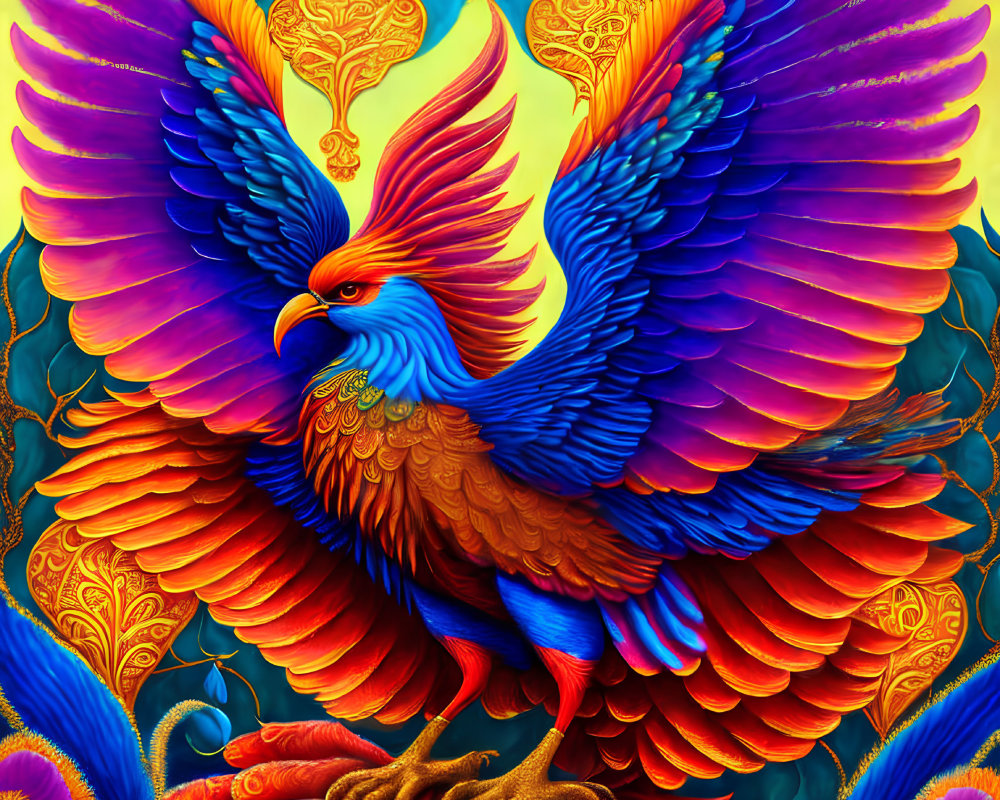 Colorful Phoenix Illustration with Blue and Red Feathers on Golden Background