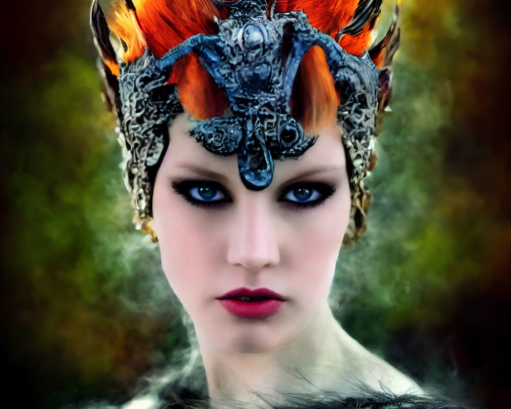Woman with dramatic makeup and elaborate orange feather headdress on dark background