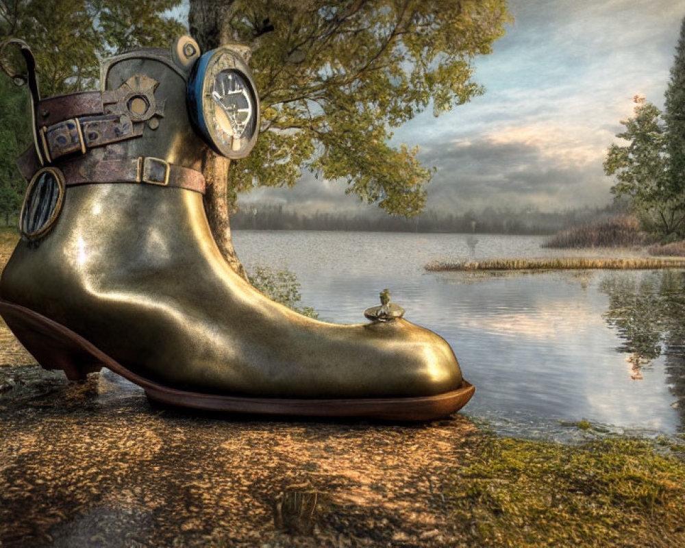 Steampunk-style bronze shoe with clock and gears by tranquil lake