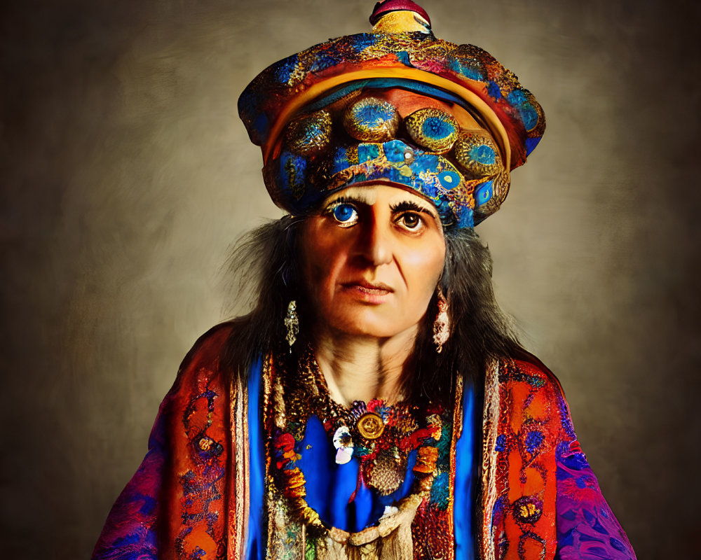 Striking eye makeup, gray hair, ornate blue turban, and vibrant traditional outfit portrait.