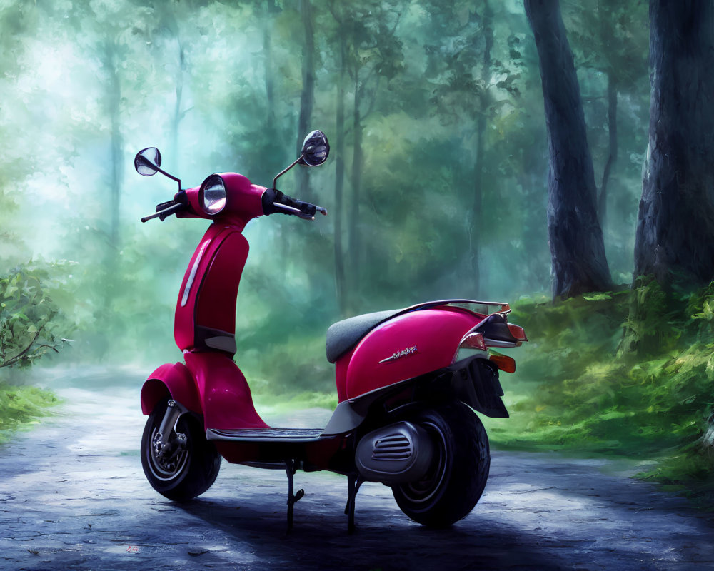 Red Scooter on Misty Forest Path in Soft Light
