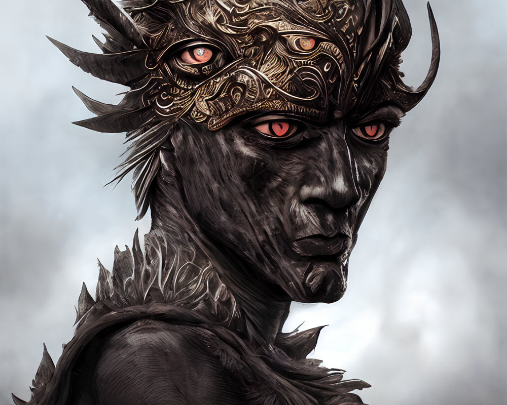 Digital painting: Creature with red eyes in golden horned mask against cloudy sky