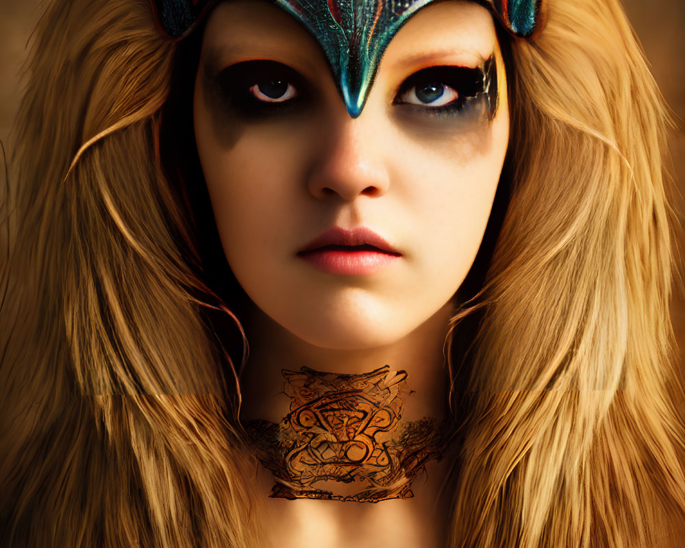 Intense gaze person with detailed mask, tribal neck tattoo, and mane-like hair on warm backdrop