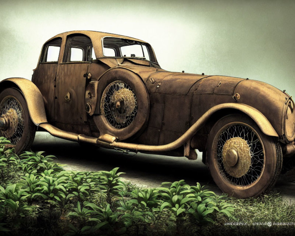Digitally rendered vintage car with intricate patterns on green foliage
