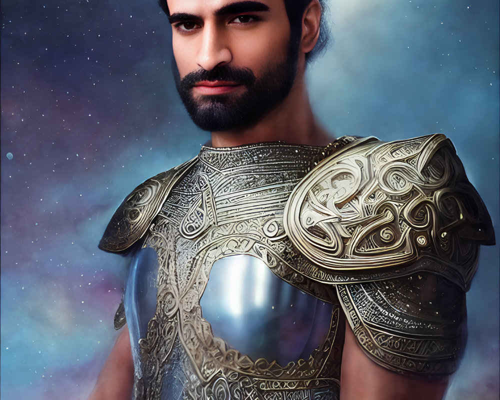 Detailed digital artwork: man in ancient armor with cosmic backdrop