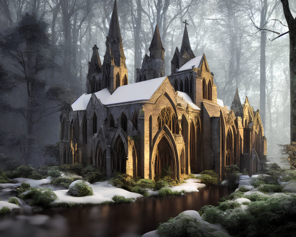 Snowy Gothic-style church in foggy forest with calm stream and sunlit mist.