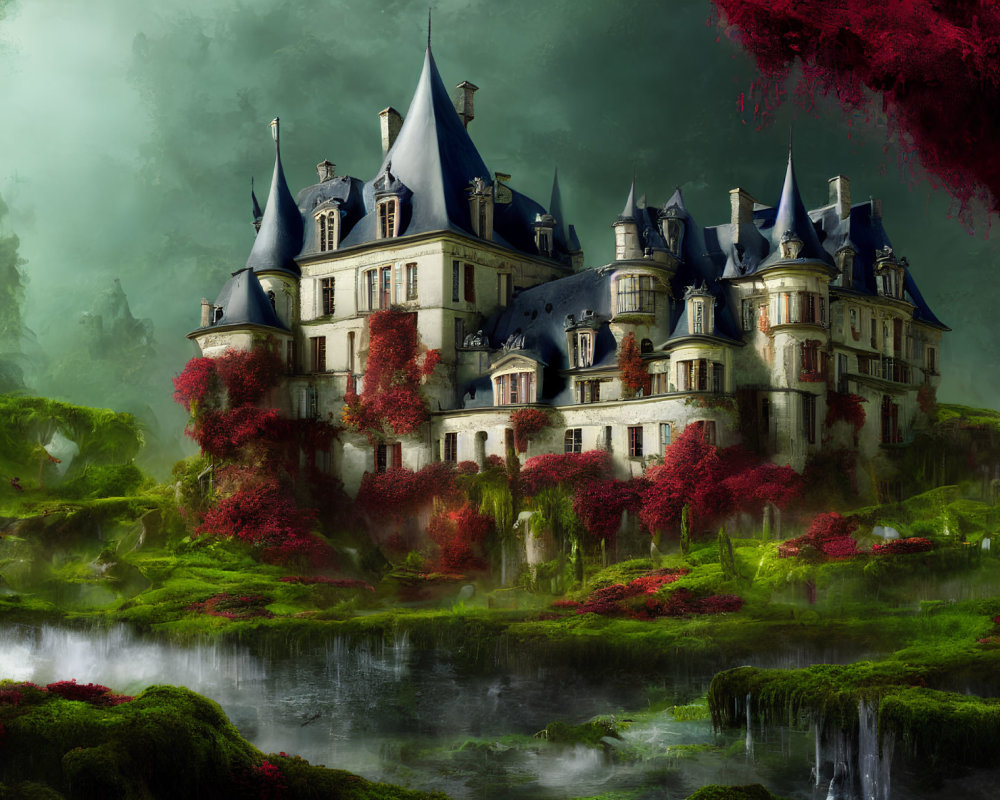 Majestic chateau in mystical landscape with lush greenery and red foliage