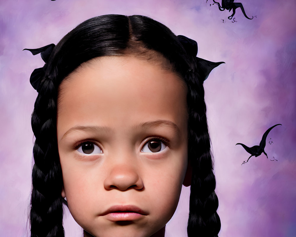 Serious young girl with braided hair in black dress, bats on purple background