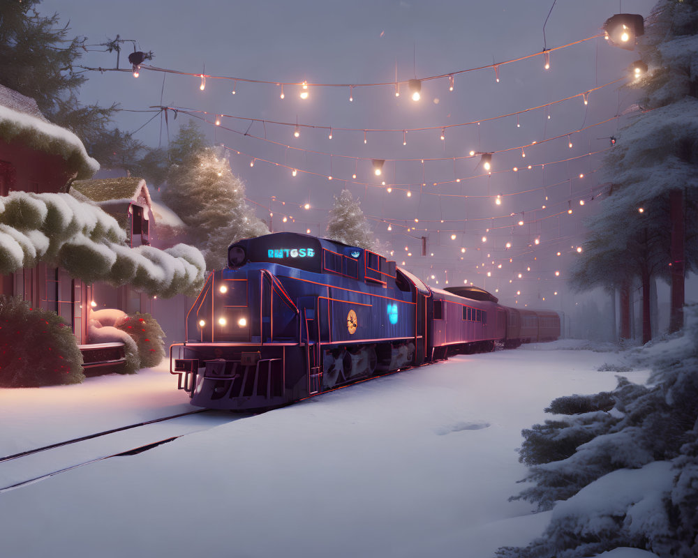 Blue festive wreath-adorned train in snowy dusk landscape.