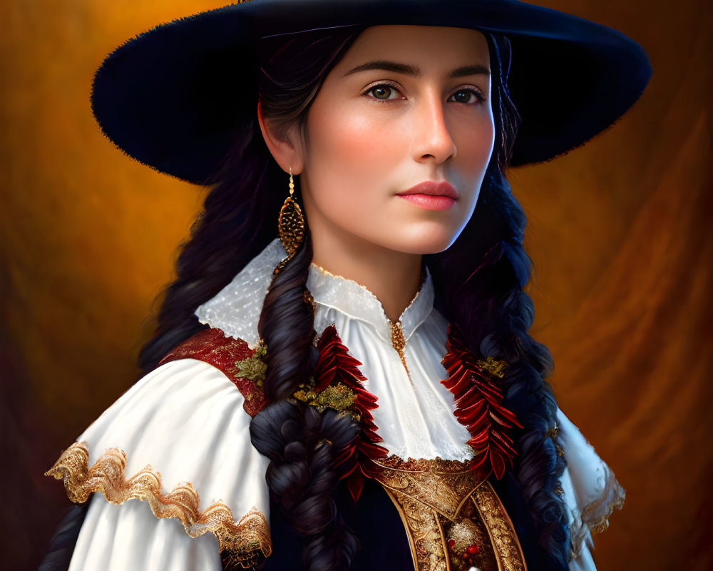 Woman portrait with braided hairstyle, wide-brimmed hat, floral adornments, ruffled sleeves