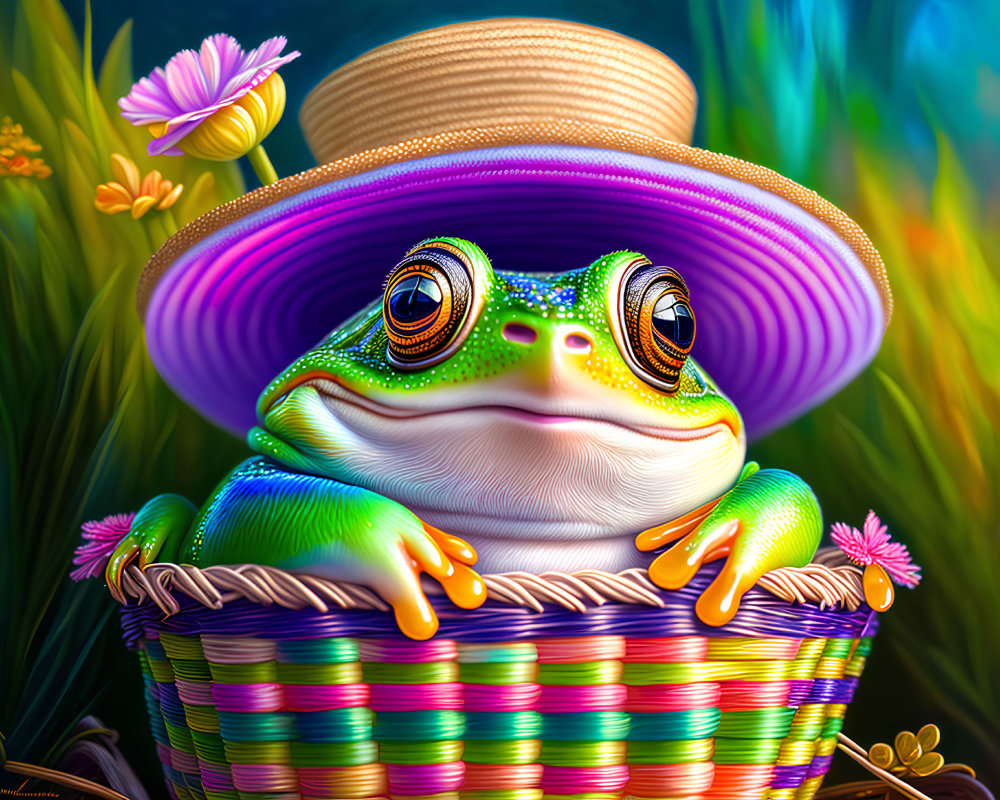 Colorful Stylized Frog in Straw Hat Surrounded by Foliage